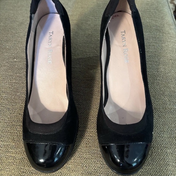 Taryn Rose Black‎ Suede Leather Cap Toe Block Heel Pumps Shoes - Picture 1 of 8
